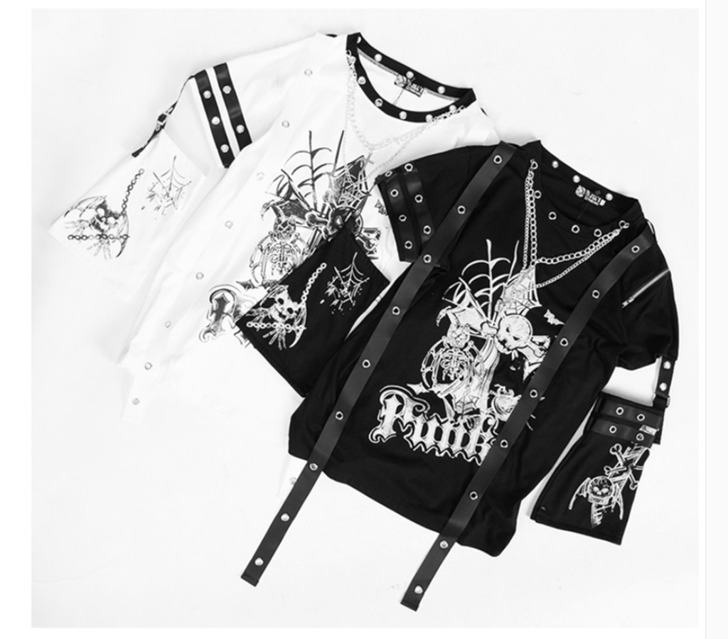 Jillpunk パンク ロック エモい Y2K 甜牙草莓コラボ 死びとの恋 ハーネス 十字架ネックレス アームカバー付き ゆったり 半袖 Tシャツ・カットソー オリジナル おしゃれ男女兼用ファッション メンズ レディース