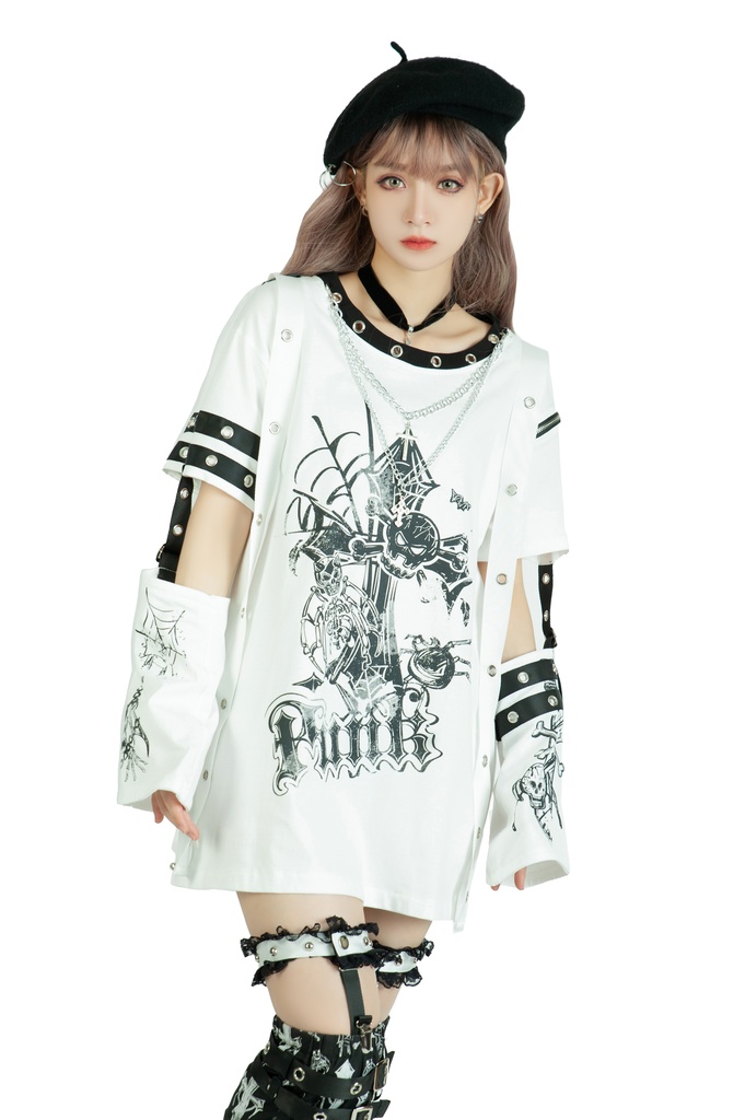 Jillpunk パンク ロック エモい Y2K 甜牙草莓コラボ 死びとの恋 ハーネス 十字架ネックレス アームカバー付き ゆったり 半袖 Tシャツ・カットソー オリジナル おしゃれ男女兼用ファッション メンズ レディース