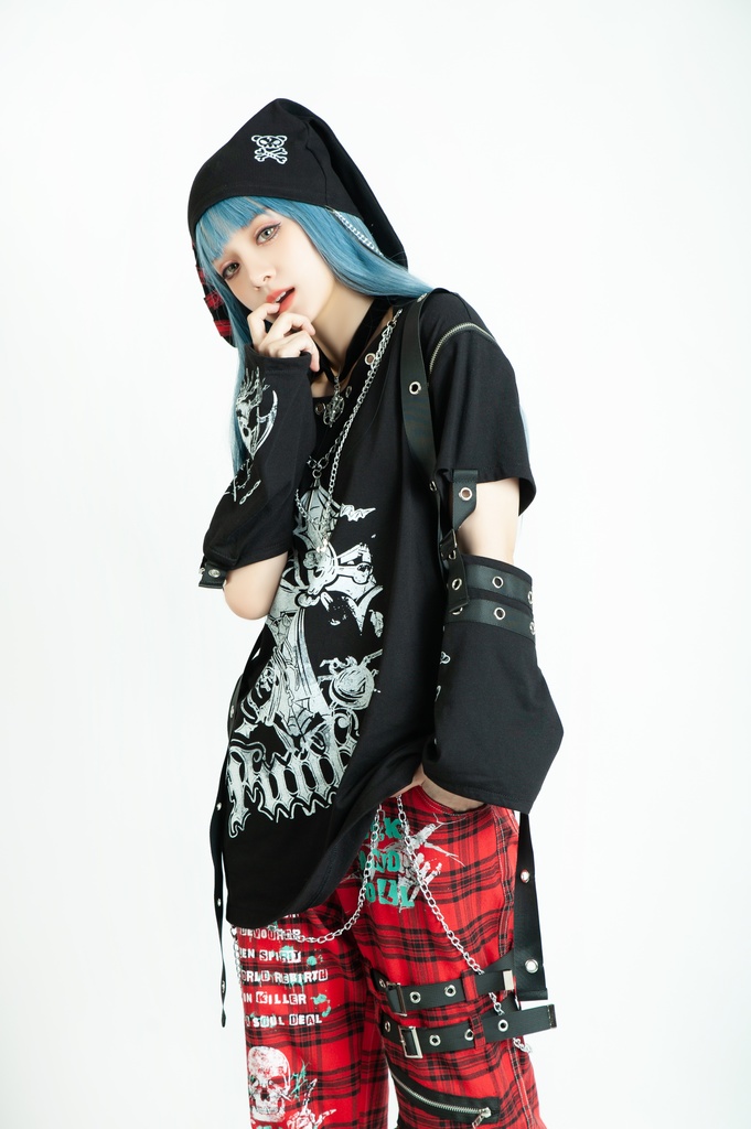 Jillpunk パンク ロック エモい Y2K 甜牙草莓コラボ 死びとの恋 ハーネス 十字架ネックレス アームカバー付き ゆったり 半袖 Tシャツ・カットソー オリジナル おしゃれ男女兼用ファッション メンズ レディース