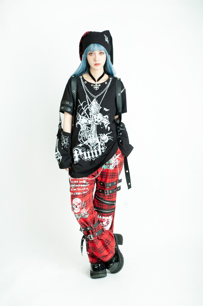 Jillpunk パンク ロック エモい Y2K 甜牙草莓コラボ 死びとの恋 ハーネス 十字架ネックレス アームカバー付き ゆったり 半袖 Tシャツ・カットソー オリジナル おしゃれ男女兼用ファッション メンズ レディース