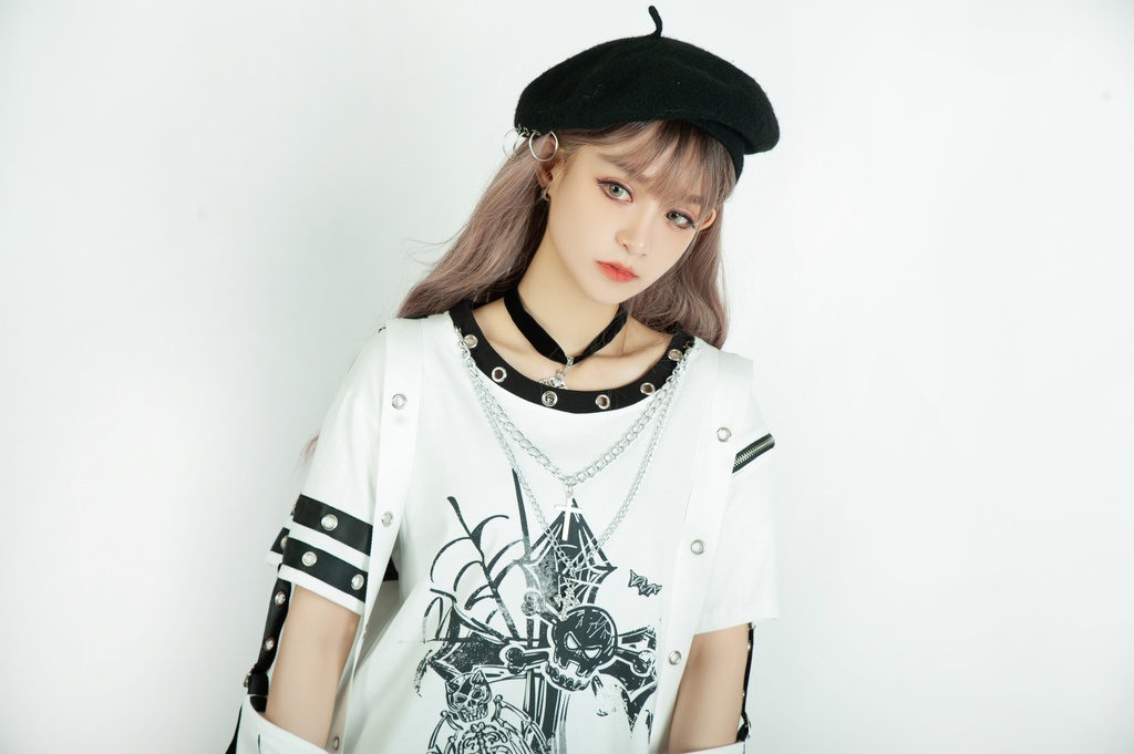 Jillpunk パンク ロック エモい Y2K 甜牙草莓コラボ 死びとの恋 ハーネス 十字架ネックレス アームカバー付き ゆったり 半袖 Tシャツ・カットソー オリジナル おしゃれ男女兼用ファッション メンズ レディース