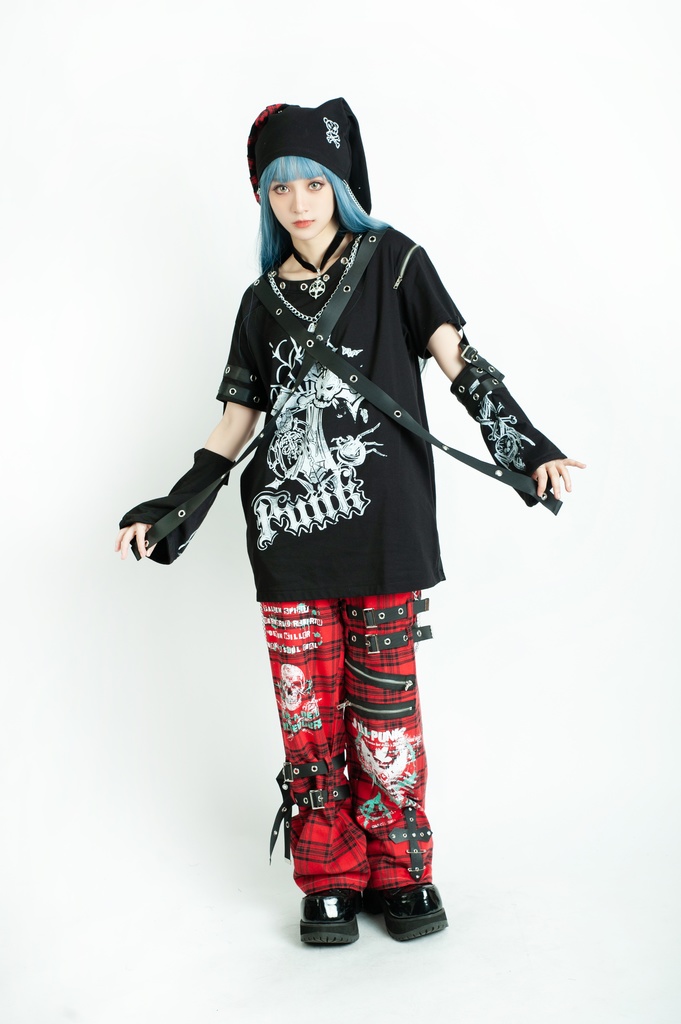 Jillpunk パンク ロック エモい Y2K 甜牙草莓コラボ 死びとの恋 ハーネス 十字架ネックレス アームカバー付き ゆったり 半袖 Tシャツ・カットソー オリジナル おしゃれ男女兼用ファッション メンズ レディース