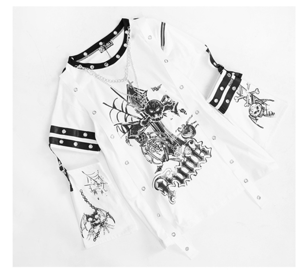 Jillpunk パンク ロック エモい Y2K 甜牙草莓コラボ 死びとの恋 ハーネス 十字架ネックレス アームカバー付き ゆったり 半袖 Tシャツ・カットソー オリジナル おしゃれ男女兼用ファッション メンズ レディース