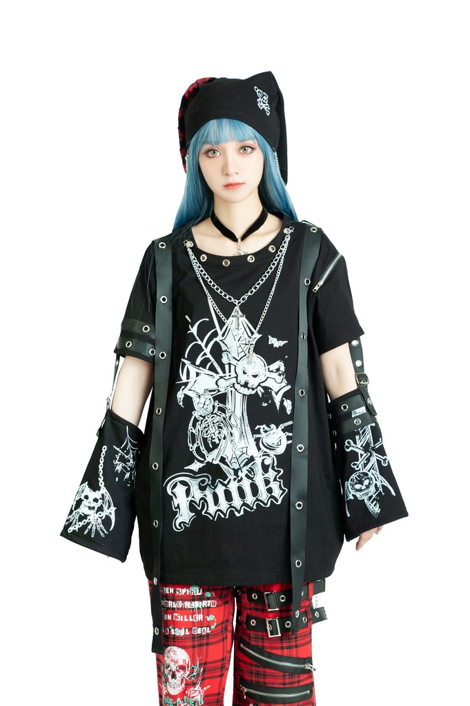 Jillpunk パンク ロック エモい Y2K 甜牙草莓コラボ 死びとの恋 ハーネス 十字架ネックレス アームカバー付き ゆったり 半袖 Tシャツ・カットソー オリジナル おしゃれ男女兼用ファッション メンズ レディース