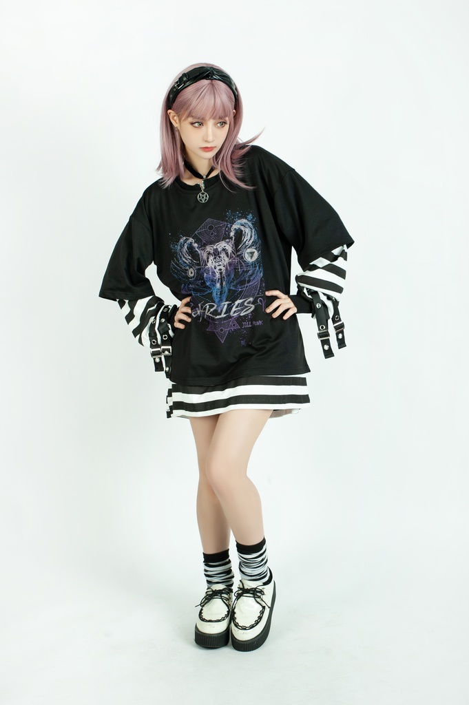 Jillpunkオリジナル パンクロック Y2K エモい ボーダー柄 着回し利く ヘンリーネック Tシャツ 五芒星チャームチャック付き 長袖ゆったり カットソー メンズ レディー 兄系V系おしゃれ男女兼用ファッションカッコいい