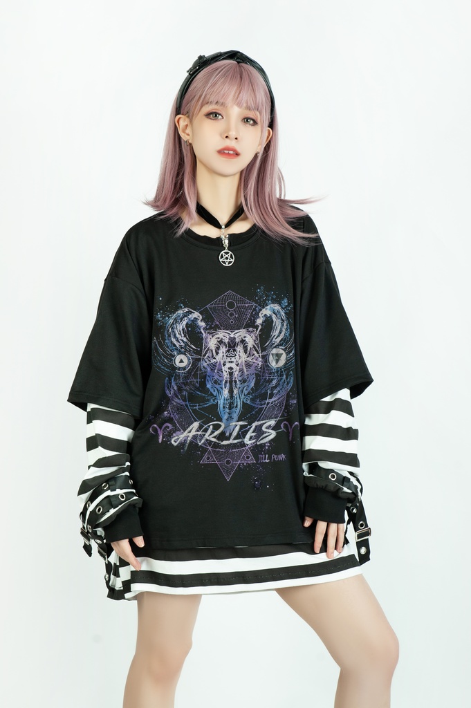 Jillpunkオリジナル パンクロック Y2K エモい ボーダー柄 着回し利く ヘンリーネック Tシャツ 五芒星チャームチャック付き 長袖ゆったり カットソー メンズ レディー 兄系V系おしゃれ男女兼用ファッションカッコいい