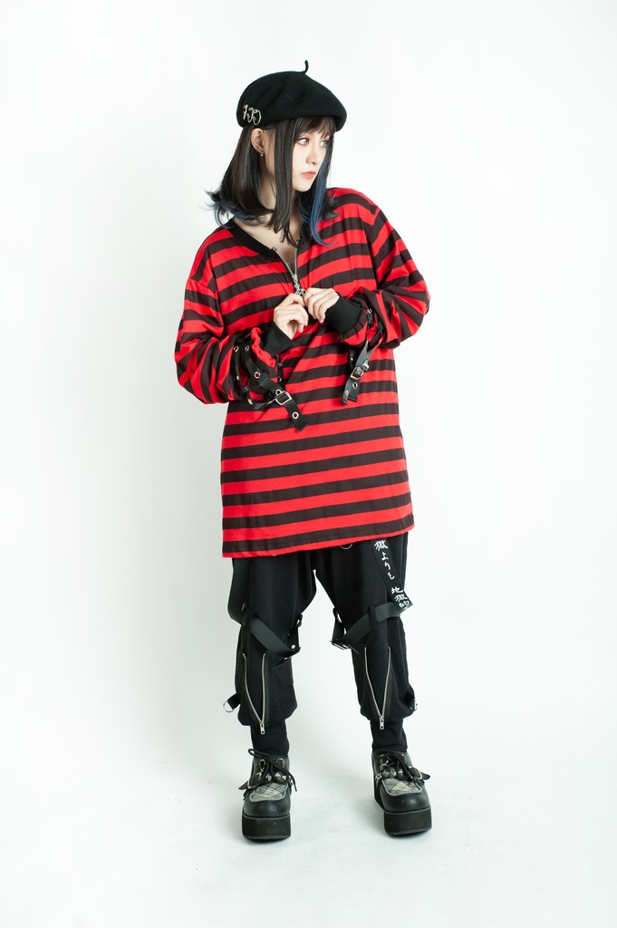 Jillpunkオリジナル パンクロック Y2K エモい ボーダー柄 着回し利く ヘンリーネック Tシャツ 五芒星チャームチャック付き 長袖ゆったり カットソー メンズ レディー 兄系V系おしゃれ男女兼用ファッションカッコいい