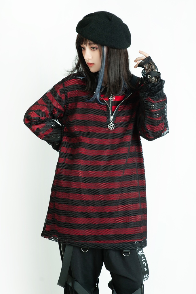 Jillpunkオリジナル パンクロック Y2K エモい ボーダー柄 着回し利く ヘンリーネック Tシャツ 五芒星チャームチャック付き 長袖ゆったり カットソー メンズ レディー 兄系V系おしゃれ男女兼用ファッションカッコいい