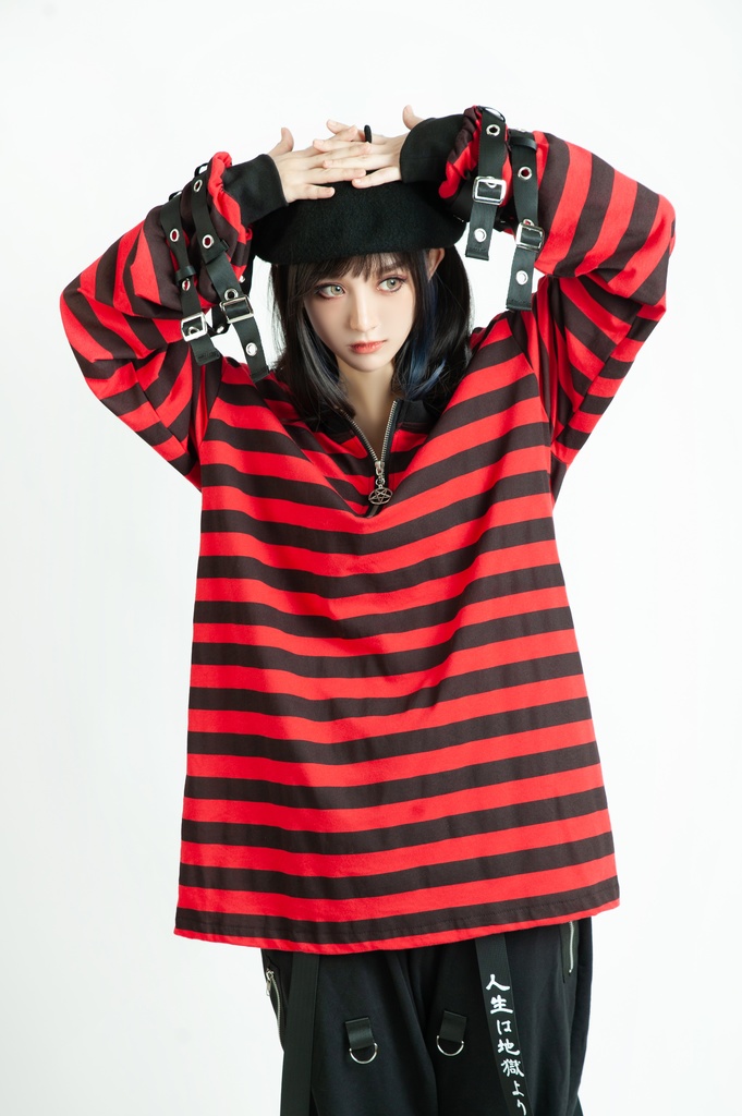 Jillpunkオリジナル パンクロック Y2K エモい ボーダー柄 着回し利く ヘンリーネック Tシャツ 五芒星チャームチャック付き 長袖ゆったり カットソー メンズ レディー 兄系V系おしゃれ男女兼用ファッションカッコいい