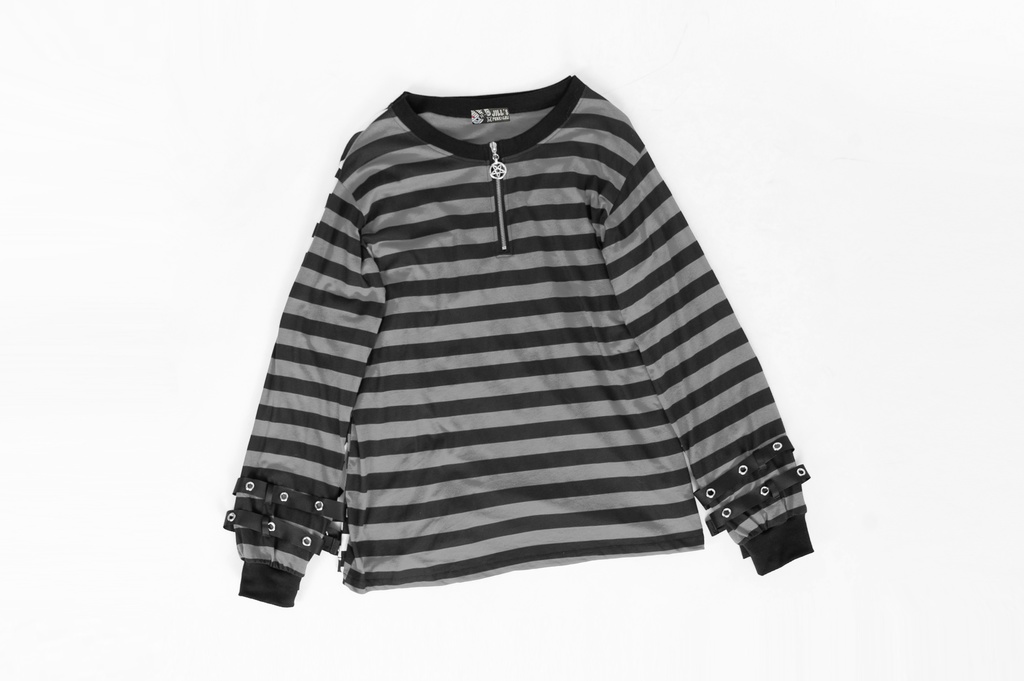 Jillpunkオリジナル パンクロック Y2K エモい ボーダー柄 着回し利く ヘンリーネック Tシャツ 五芒星チャームチャック付き 長袖ゆったり カットソー メンズ レディー 兄系V系おしゃれ男女兼用ファッションカッコいい