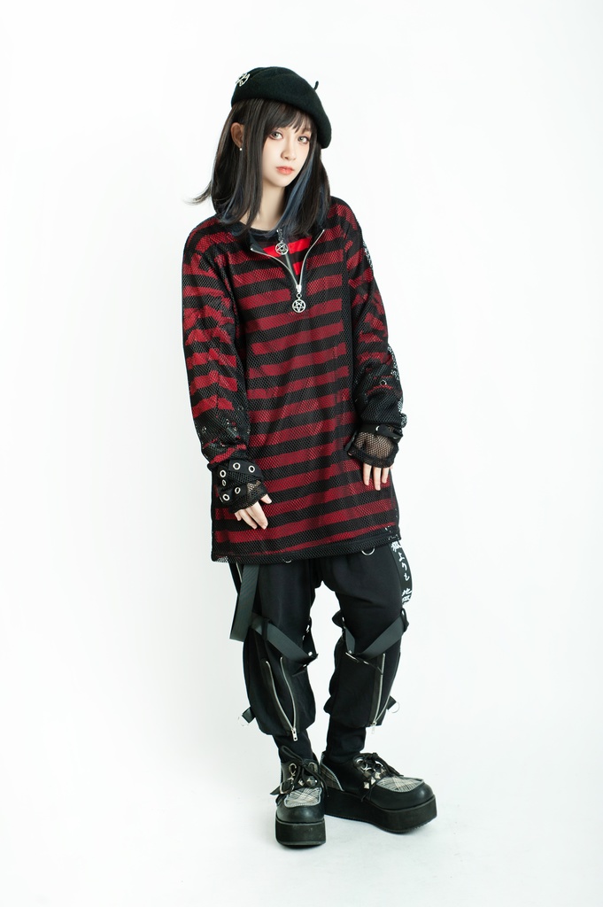 Jillpunkオリジナル パンクロック Y2K エモい ボーダー柄 着回し利く ヘンリーネック Tシャツ 五芒星チャームチャック付き 長袖ゆったり カットソー メンズ レディー 兄系V系おしゃれ男女兼用ファッションカッコいい