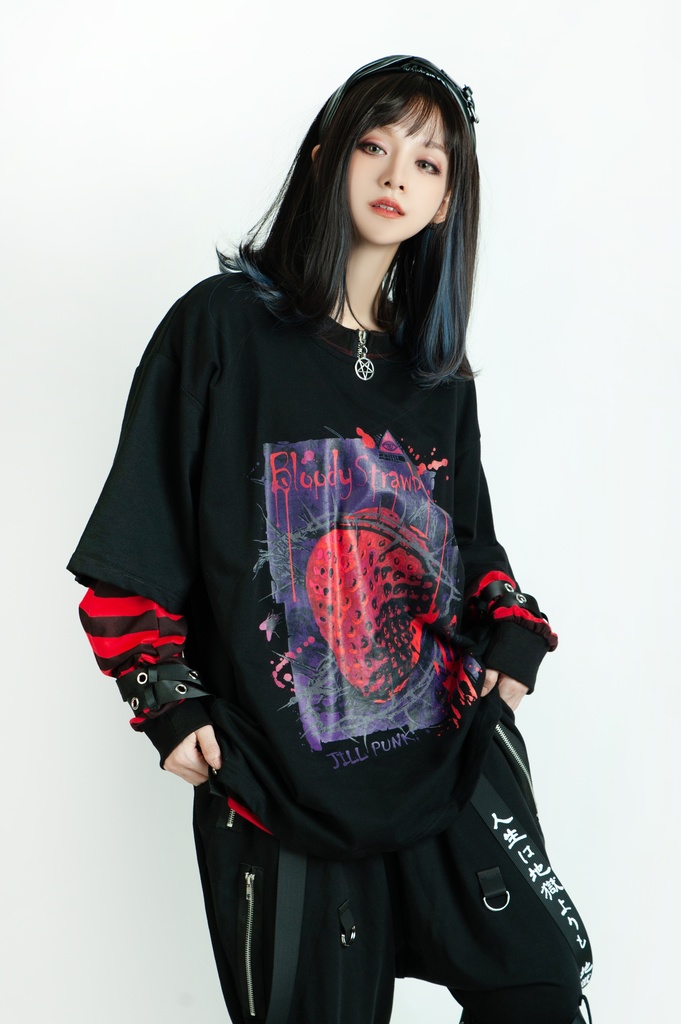 Jillpunkオリジナル パンクロック Y2K エモい ボーダー柄 着回し利く ヘンリーネック Tシャツ 五芒星チャームチャック付き 長袖ゆったり カットソー メンズ レディー 兄系V系おしゃれ男女兼用ファッションカッコいい