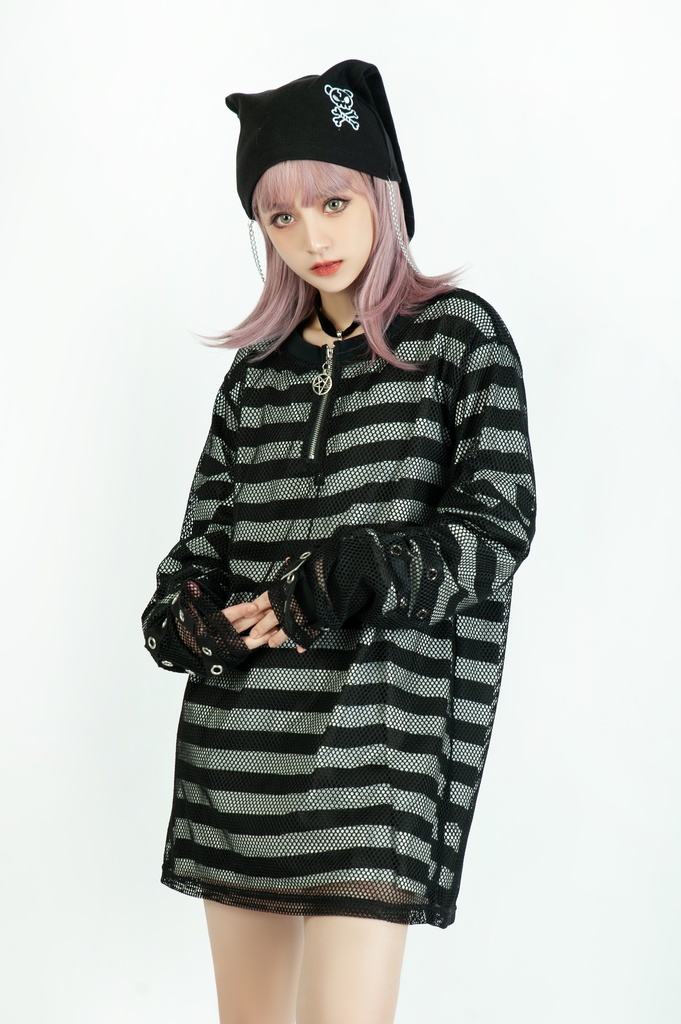 Jillpunkオリジナル パンクロック Y2K エモい ボーダー柄 着回し利く ヘンリーネック Tシャツ 五芒星チャームチャック付き 長袖ゆったり カットソー メンズ レディー 兄系V系おしゃれ男女兼用ファッションカッコいい