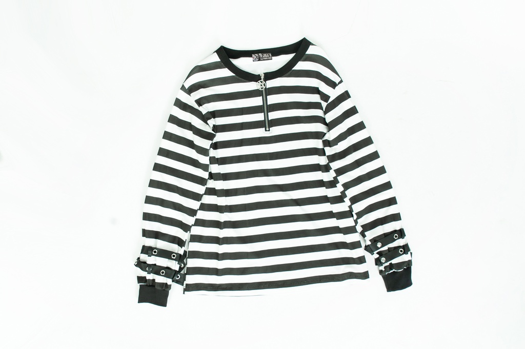 Jillpunkオリジナル パンクロック Y2K エモい ボーダー柄 着回し利く ヘンリーネック Tシャツ 五芒星チャームチャック付き 長袖ゆったり カットソー メンズ レディー 兄系V系おしゃれ男女兼用ファッションカッコいい