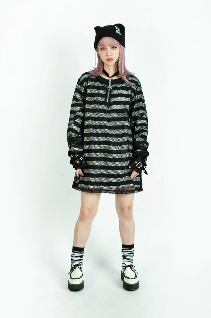 Jillpunkオリジナル パンクロック Y2K エモい ボーダー柄 着回し利く ヘンリーネック Tシャツ 五芒星チャームチャック付き 長袖ゆったり カットソー メンズ レディー 兄系V系おしゃれ男女兼用ファッションカッコいい