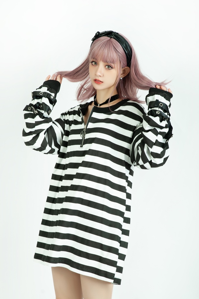 Jillpunkオリジナル パンクロック Y2K エモい ボーダー柄 着回し利く ヘンリーネック Tシャツ 五芒星チャームチャック付き 長袖ゆったり カットソー メンズ レディー 兄系V系おしゃれ男女兼用ファッションカッコいい