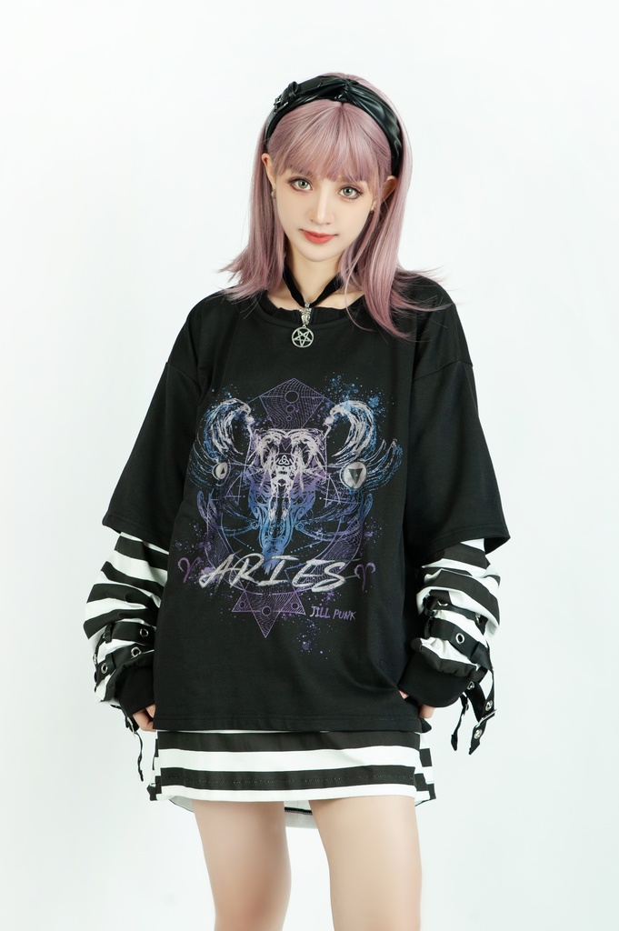 Jillpunkオリジナル パンクロック Y2K エモい ボーダー柄 着回し利く ヘンリーネック Tシャツ 五芒星チャームチャック付き 長袖ゆったり カットソー メンズ レディー 兄系V系おしゃれ男女兼用ファッションカッコいい