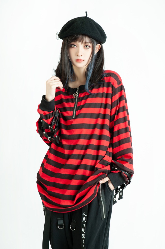 Jillpunkオリジナル パンクロック Y2K エモい ボーダー柄 着回し利く ヘンリーネック Tシャツ 五芒星チャームチャック付き 長袖ゆったり カットソー メンズ レディー 兄系V系おしゃれ男女兼用ファッションカッコいい