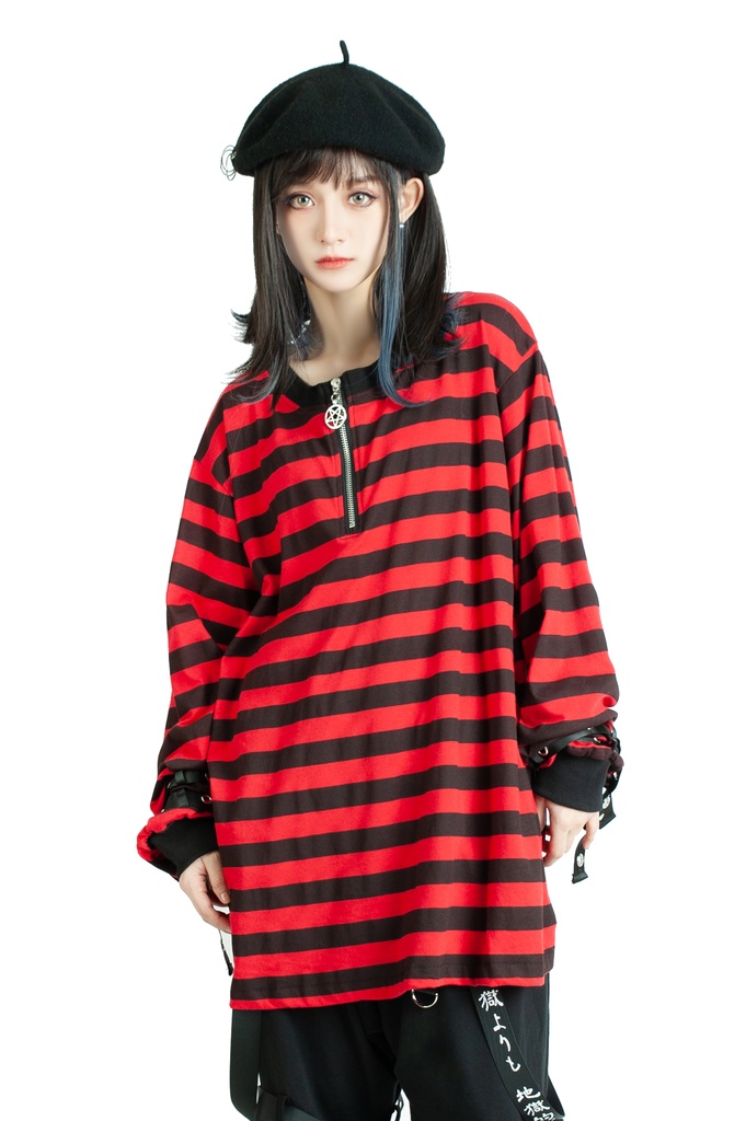 Jillpunkオリジナル パンクロック Y2K エモい ボーダー柄 着回し利く ヘンリーネック Tシャツ 五芒星チャームチャック付き 長袖ゆったり カットソー メンズ レディー 兄系V系おしゃれ男女兼用ファッションカッコいい