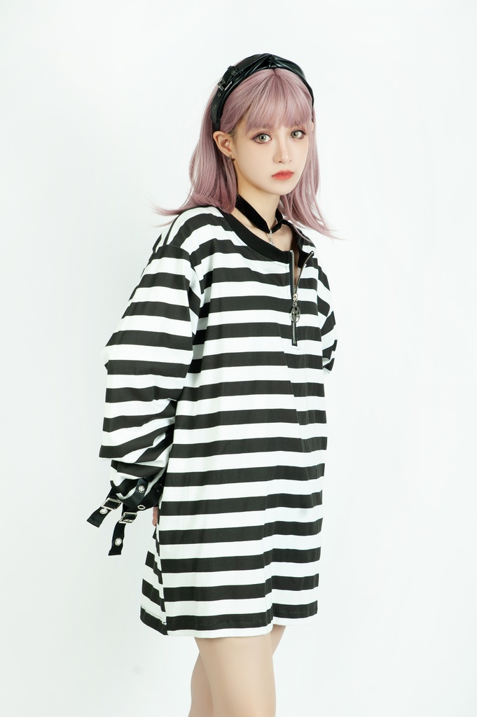 Jillpunkオリジナル パンクロック Y2K エモい ボーダー柄 着回し利く ヘンリーネック Tシャツ 五芒星チャームチャック付き 長袖ゆったり カットソー メンズ レディー 兄系V系おしゃれ男女兼用ファッションカッコいい