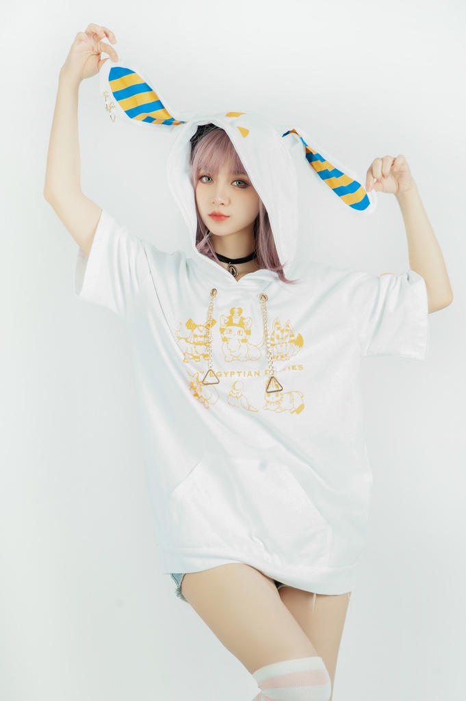 Jillpunk芝麻コラボアニメ 可愛い お宅 ニ次コン エジプト神話ベビー家族チーム 鎖チェーン ゆったり 兎耳 半袖 パーカー オリジナル メンズ レディーズ おしゃれ 男女兼用 ファッション 秋葉系 可愛い 猫系