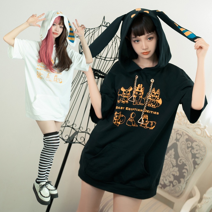 Jillpunk芝麻コラボアニメ 可愛い お宅 ニ次コン エジプト神話ベビー家族チーム 鎖チェーン ゆったり 兎耳 半袖 パーカー オリジナル メンズ レディーズ おしゃれ 男女兼用 ファッション 秋葉系 可愛い 猫系