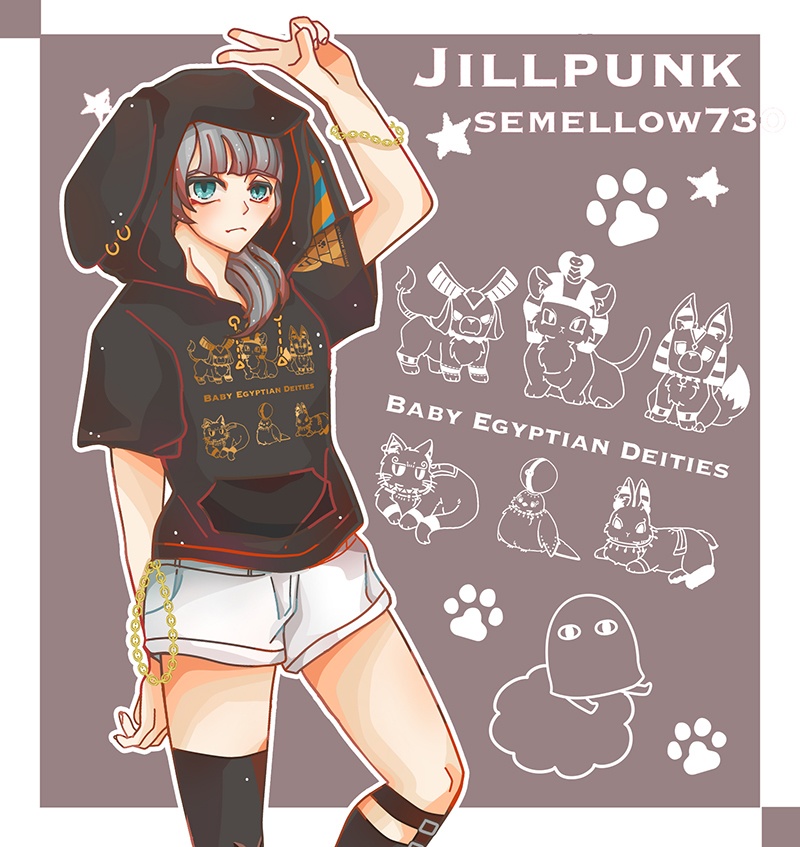 Jillpunk芝麻コラボアニメ 可愛い お宅 ニ次コン エジプト神話ベビー家族チーム 鎖チェーン ゆったり 兎耳 半袖 パーカー オリジナル メンズ レディーズ おしゃれ 男女兼用 ファッション 秋葉系 可愛い 猫系