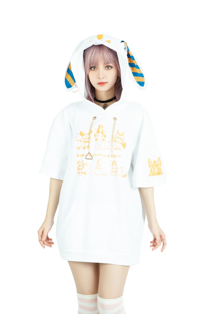 Jillpunk芝麻コラボアニメ 可愛い お宅 ニ次コン エジプト神話ベビー家族チーム 鎖チェーン ゆったり 兎耳 半袖 パーカー オリジナル メンズ レディーズ おしゃれ 男女兼用 ファッション 秋葉系 可愛い 猫系