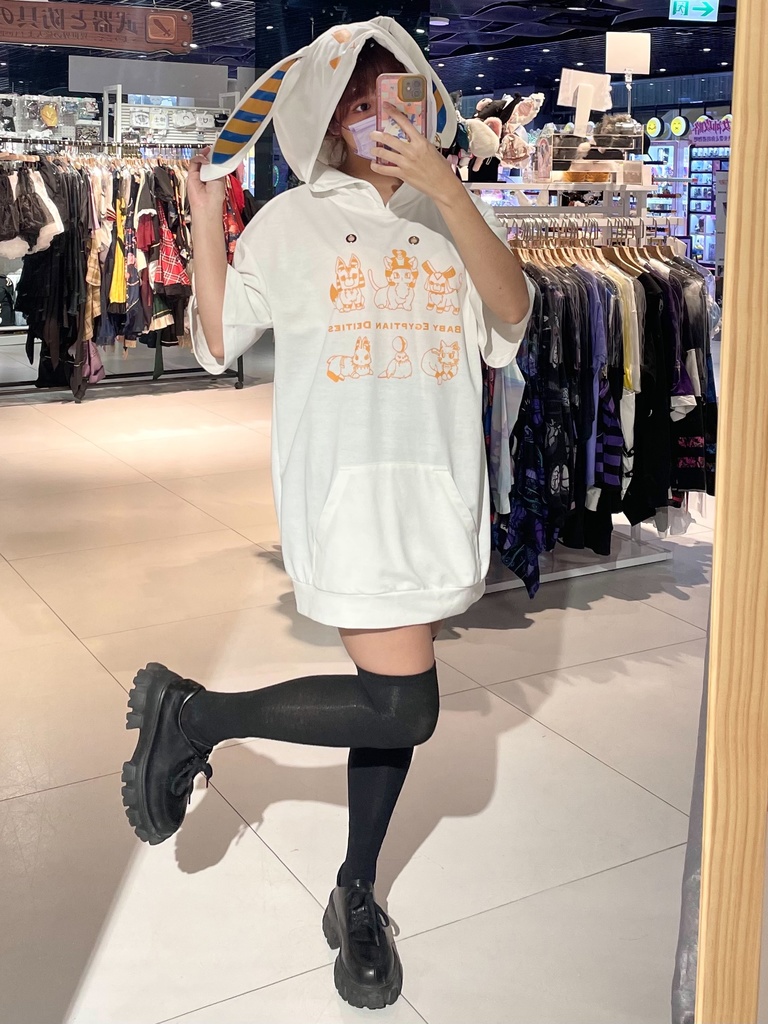 Jillpunk芝麻コラボアニメ 可愛い お宅 ニ次コン エジプト神話ベビー家族チーム 鎖チェーン ゆったり 兎耳 半袖 パーカー オリジナル メンズ レディーズ おしゃれ 男女兼用 ファッション 秋葉系 可愛い 猫系