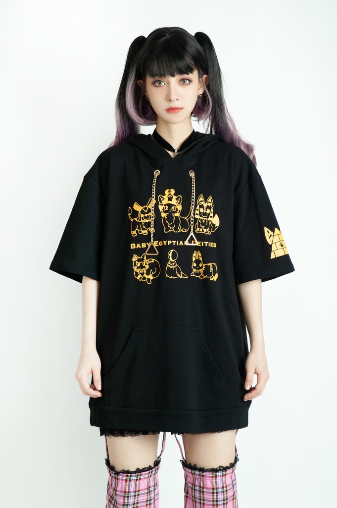 Jillpunk芝麻コラボアニメ 可愛い お宅 ニ次コン エジプト神話ベビー家族チーム 鎖チェーン ゆったり 兎耳 半袖 パーカー オリジナル メンズ レディーズ おしゃれ 男女兼用 ファッション 秋葉系 可愛い 猫系