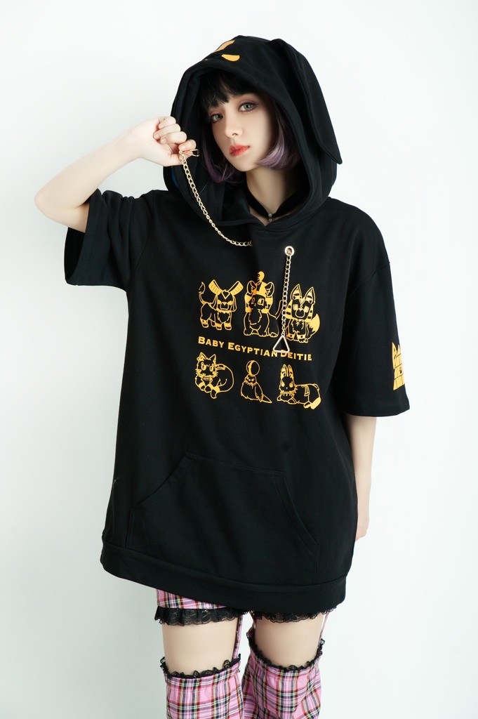 Jillpunk芝麻コラボアニメ 可愛い お宅 ニ次コン エジプト神話ベビー家族チーム 鎖チェーン ゆったり 兎耳 半袖 パーカー オリジナル メンズ レディーズ おしゃれ 男女兼用 ファッション 秋葉系 可愛い 猫系