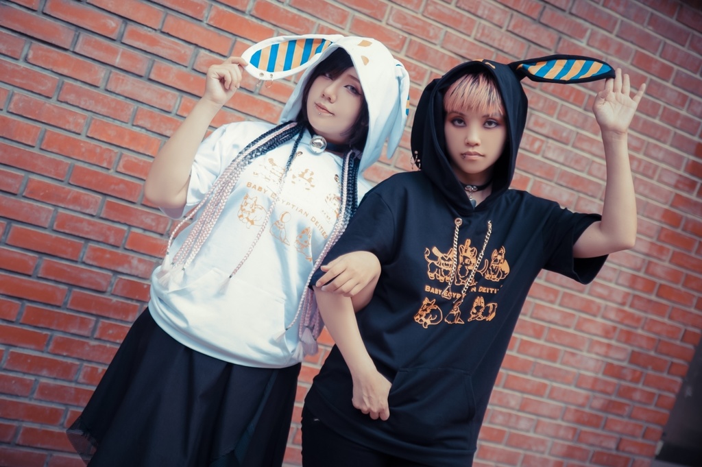 Jillpunk芝麻コラボアニメ 可愛い お宅 ニ次コン エジプト神話ベビー家族チーム 鎖チェーン ゆったり 兎耳 半袖 パーカー オリジナル メンズ レディーズ おしゃれ 男女兼用 ファッション 秋葉系 可愛い 猫系