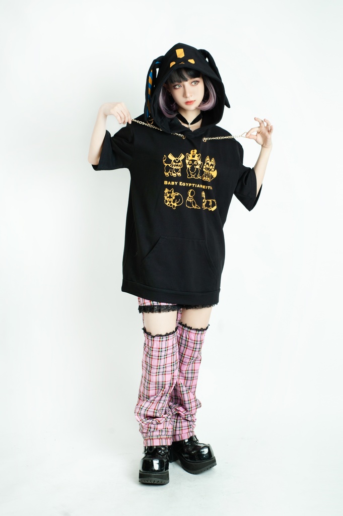 Jillpunk芝麻コラボアニメ 可愛い お宅 ニ次コン エジプト神話ベビー家族チーム 鎖チェーン ゆったり 兎耳 半袖 パーカー オリジナル メンズ レディーズ おしゃれ 男女兼用 ファッション 秋葉系 可愛い 猫系