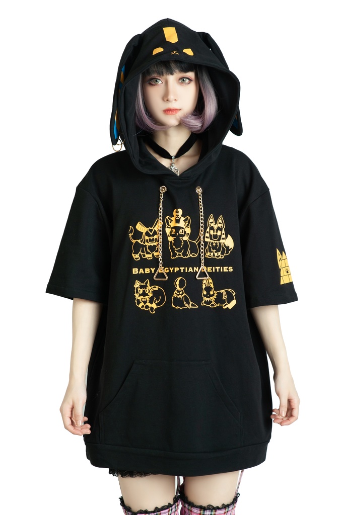 Jillpunk芝麻コラボアニメ 可愛い お宅 ニ次コン エジプト神話ベビー家族チーム 鎖チェーン ゆったり 兎耳 半袖 パーカー オリジナル メンズ レディーズ おしゃれ 男女兼用 ファッション 秋葉系 可愛い 猫系