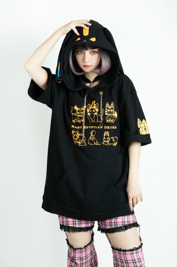 Jillpunk芝麻コラボアニメ 可愛い お宅 ニ次コン エジプト神話ベビー家族チーム 鎖チェーン ゆったり 兎耳 半袖 パーカー オリジナル メンズ レディーズ おしゃれ 男女兼用 ファッション 秋葉系 可愛い 猫系