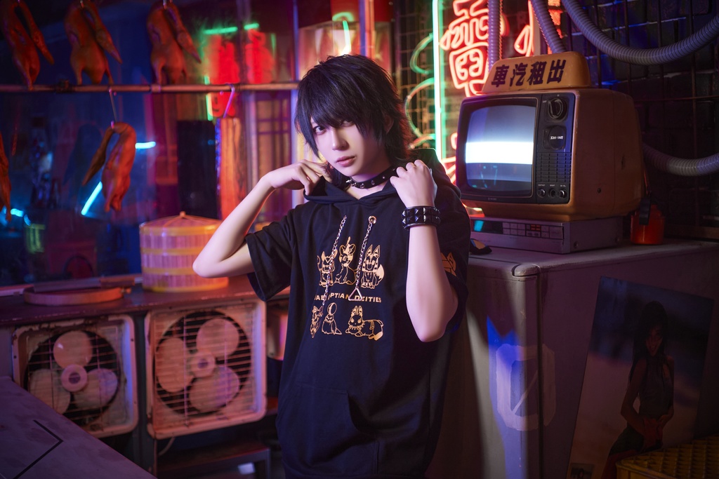 Jillpunk芝麻コラボアニメ 可愛い お宅 ニ次コン エジプト神話ベビー家族チーム 鎖チェーン ゆったり 兎耳 半袖 パーカー オリジナル メンズ レディーズ おしゃれ 男女兼用 ファッション 秋葉系 可愛い 猫系