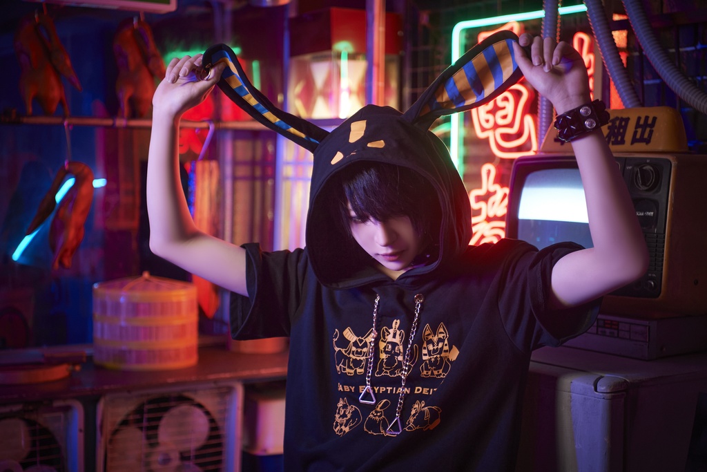 Jillpunk芝麻コラボアニメ 可愛い お宅 ニ次コン エジプト神話ベビー家族チーム 鎖チェーン ゆったり 兎耳 半袖 パーカー オリジナル メンズ レディーズ おしゃれ 男女兼用 ファッション 秋葉系 可愛い 猫系