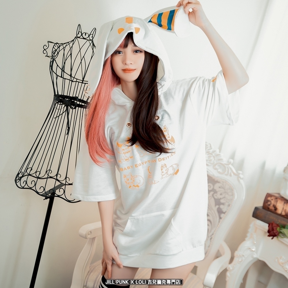 Jillpunk芝麻コラボアニメ 可愛い お宅 ニ次コン エジプト神話ベビー家族チーム 鎖チェーン ゆったり 兎耳 半袖 パーカー オリジナル メンズ レディーズ おしゃれ 男女兼用 ファッション 秋葉系 可愛い 猫系