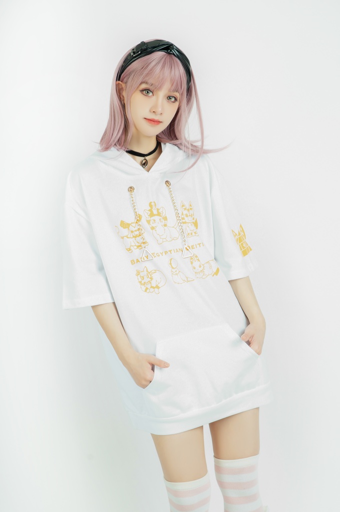 Jillpunk芝麻コラボアニメ 可愛い お宅 ニ次コン エジプト神話ベビー家族チーム 鎖チェーン ゆったり 兎耳 半袖 パーカー オリジナル メンズ レディーズ おしゃれ 男女兼用 ファッション 秋葉系 可愛い 猫系