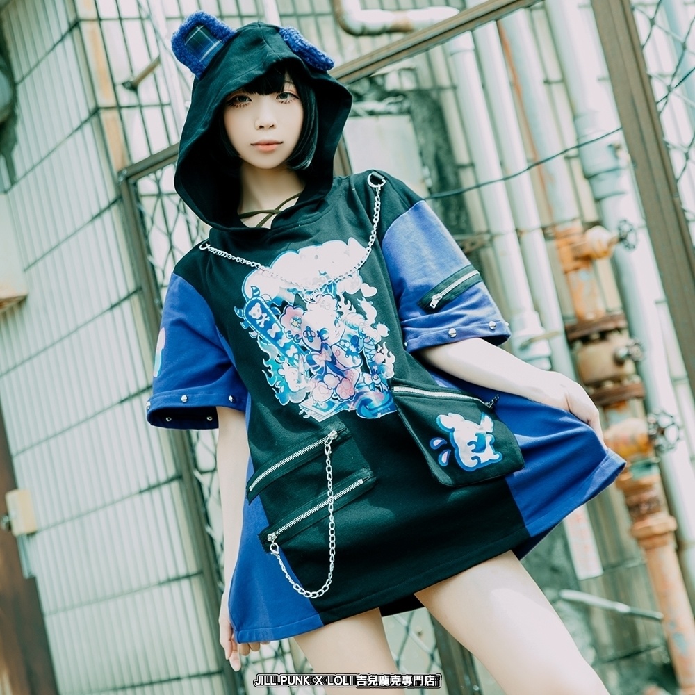 Jillpunk 地雷系 病みかわ 台湾刺青師喃喃コラボ 悪魔の恋人 反対色 熊耳 ゆったり 鎖チェーン付き 半袖 パーカーオリジナル 可愛い おしゃれ ファッション秋葉系萌え ロリータ