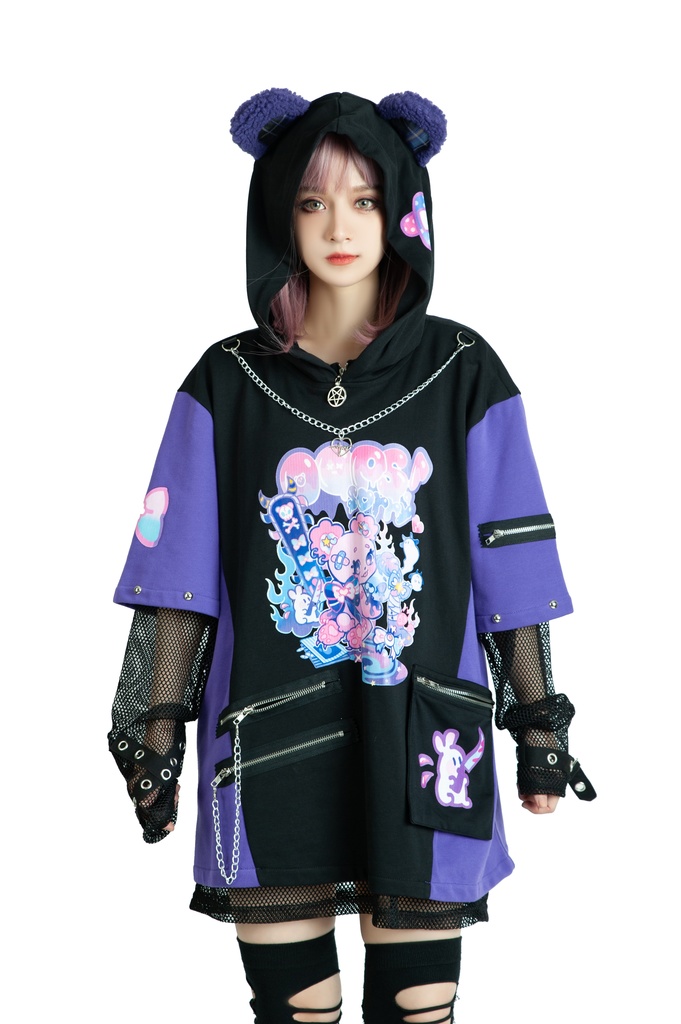 Jillpunk 地雷系 病みかわ 台湾刺青師喃喃コラボ 悪魔の恋人 反対色 熊耳 ゆったり 鎖チェーン付き 半袖 パーカーオリジナル 可愛い おしゃれ ファッション秋葉系萌え ロリータ