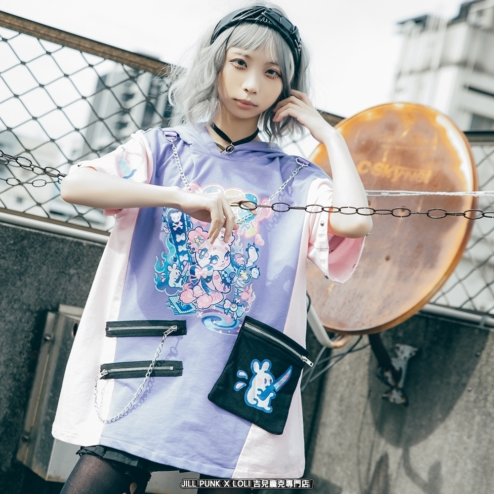 Jillpunk 地雷系 病みかわ 台湾刺青師喃喃コラボ 悪魔の恋人 反対色 熊耳 ゆったり 鎖チェーン付き 半袖 パーカーオリジナル 可愛い おしゃれ ファッション秋葉系萌え ロリータ