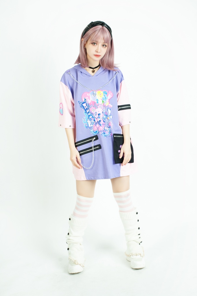 Jillpunk 地雷系 病みかわ 台湾刺青師喃喃コラボ 悪魔の恋人 反対色 熊耳 ゆったり 鎖チェーン付き 半袖 パーカーオリジナル 可愛い おしゃれ ファッション秋葉系萌え ロリータ