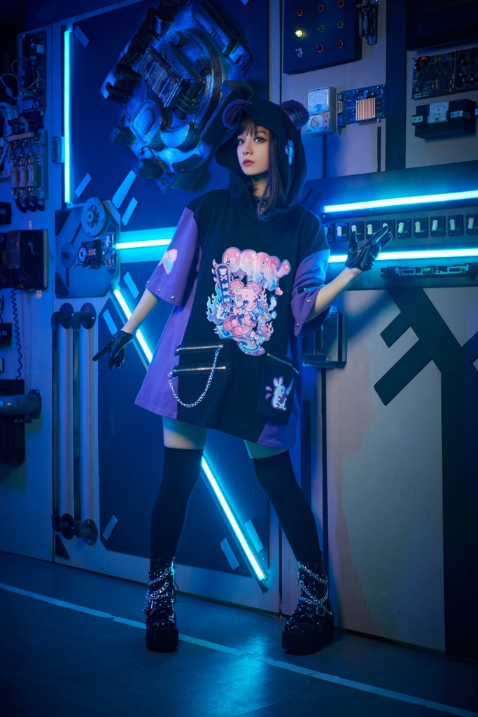 Jillpunk 地雷系 病みかわ 台湾刺青師喃喃コラボ 悪魔の恋人 反対色 熊耳 ゆったり 鎖チェーン付き 半袖 パーカーオリジナル 可愛い おしゃれ ファッション秋葉系萌え ロリータ