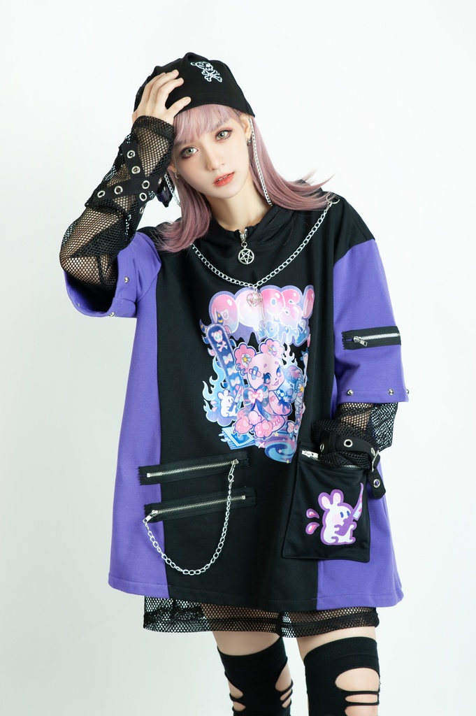 Jillpunk 地雷系 病みかわ 台湾刺青師喃喃コラボ 悪魔の恋人 反対色 熊耳 ゆったり 鎖チェーン付き 半袖 パーカーオリジナル 可愛い おしゃれ ファッション秋葉系萌え ロリータ