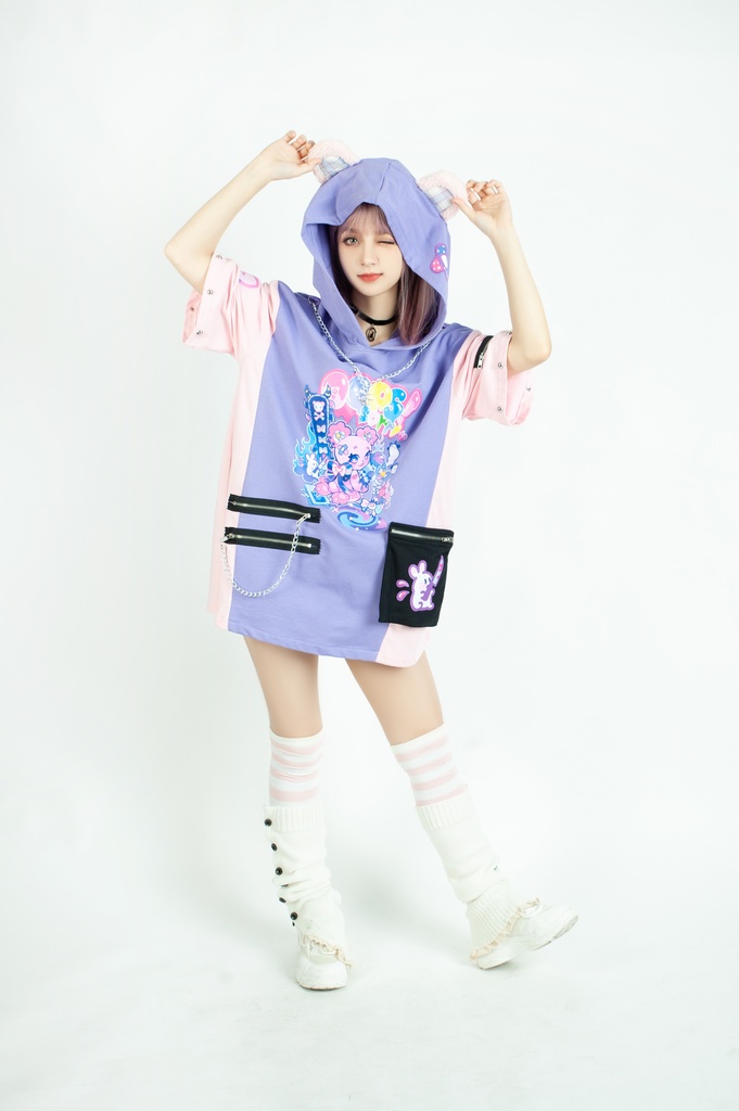 Jillpunk 地雷系 病みかわ 台湾刺青師喃喃コラボ 悪魔の恋人 反対色 熊耳 ゆったり 鎖チェーン付き 半袖 パーカーオリジナル 可愛い おしゃれ ファッション秋葉系萌え ロリータ