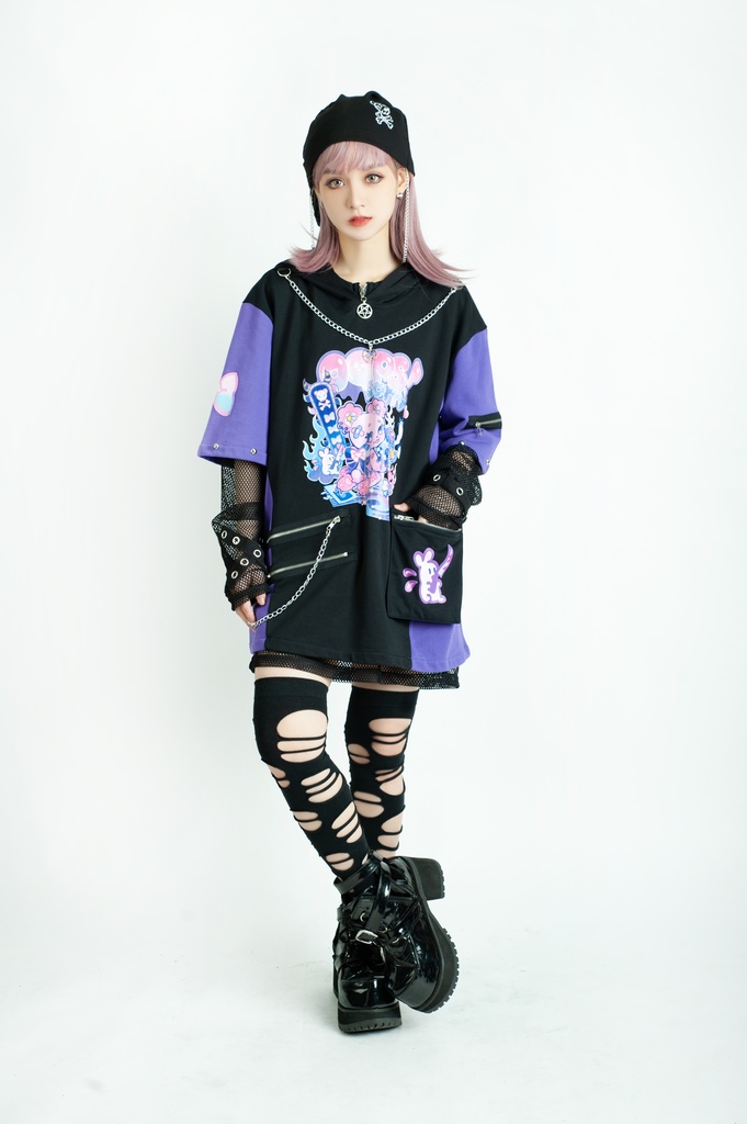 Jillpunk 地雷系 病みかわ 台湾刺青師喃喃コラボ 悪魔の恋人 反対色 熊耳 ゆったり 鎖チェーン付き 半袖 パーカーオリジナル 可愛い おしゃれ ファッション秋葉系萌え ロリータ