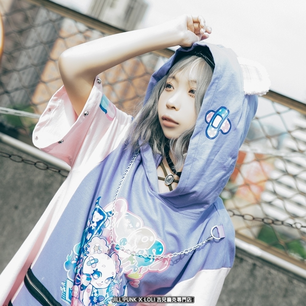 Jillpunk 地雷系 病みかわ 台湾刺青師喃喃コラボ 悪魔の恋人 反対色 熊耳 ゆったり 鎖チェーン付き 半袖 パーカーオリジナル 可愛い おしゃれ ファッション秋葉系萌え ロリータ