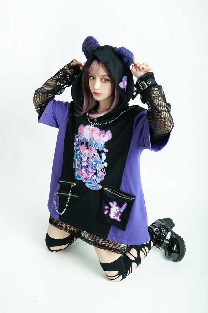 Jillpunk 地雷系 病みかわ 台湾刺青師喃喃コラボ 悪魔の恋人 反対色 熊耳 ゆったり 鎖チェーン付き 半袖 パーカーオリジナル 可愛い おしゃれ ファッション秋葉系萌え ロリータ