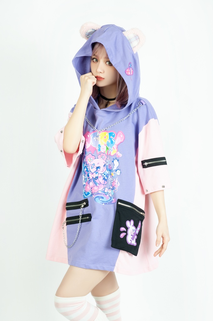 Jillpunk 地雷系 病みかわ 台湾刺青師喃喃コラボ 悪魔の恋人 反対色 熊耳 ゆったり 鎖チェーン付き 半袖 パーカーオリジナル 可愛い おしゃれ ファッション秋葉系萌え ロリータ
